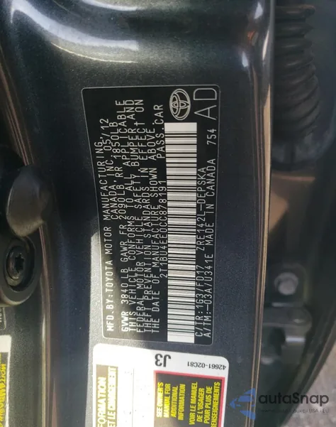 2012 Toyota Corolla Base z USA, uszkodzony, nr VIN 2T1BU4EE0CC878191